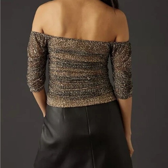 Anthropologie Leopard Print Shirred Mesh Top Size L - Picture 3 of 10